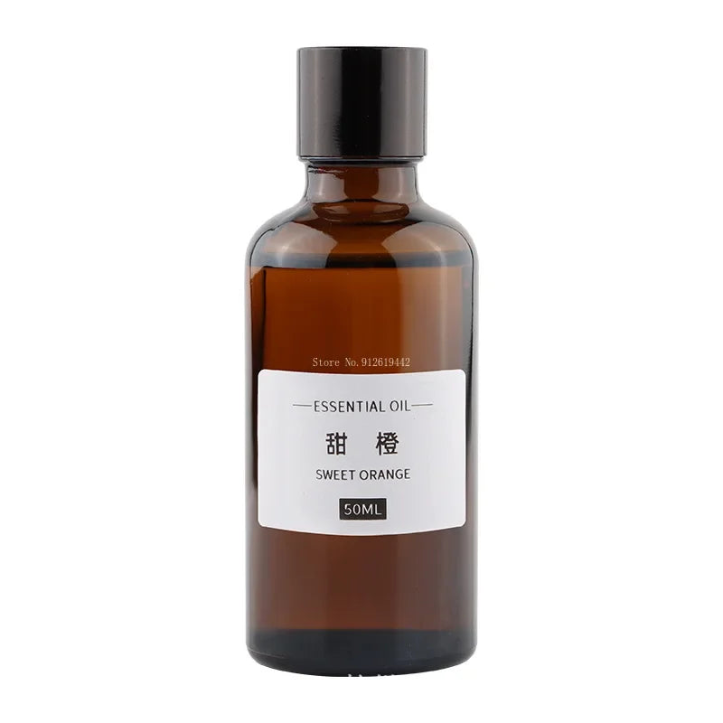 50ml bottle of sweet orange essential oil in amber glass with a black screw cap and simple white label.
