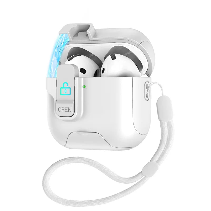 White matte secure-lock protective case for AirPods Pro with matching carry lanyard.