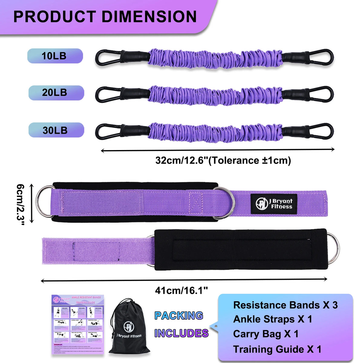 Three purple resistance bands, two black and purple ankle cuffs, a training guide, and a carry bag.