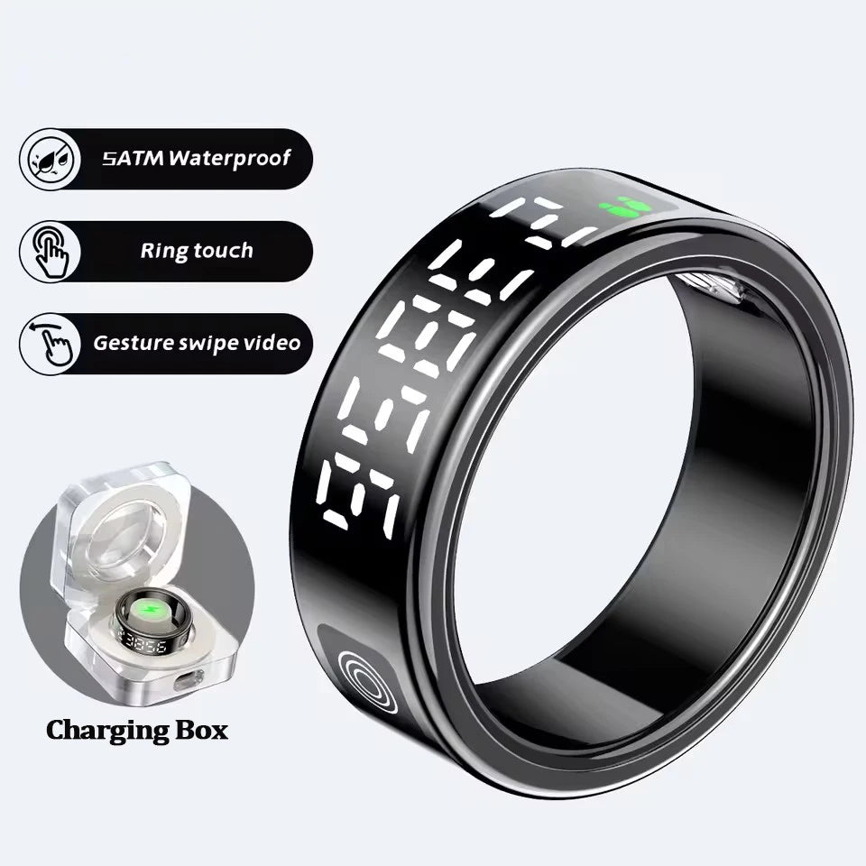 Sleek black smart health ring with a digital display, touch control, waterproof design, and a portable charging case.
