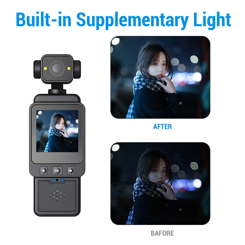 Black plastic handheld camera with a built-in light, shown with comparative before and after low-light photo results.