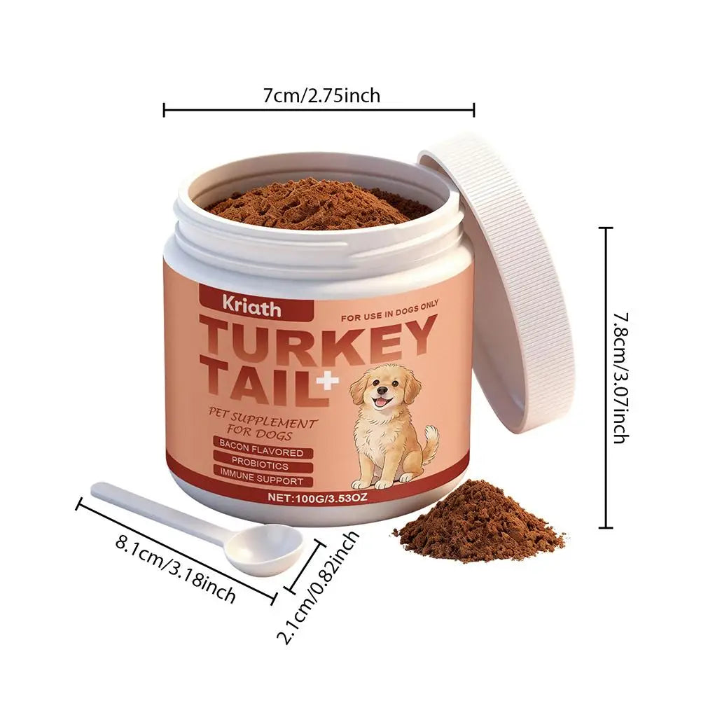 Turkey Tail bacon-flavoured probiotic dog supplement powder in a 100g white tub with a measuring scoop.