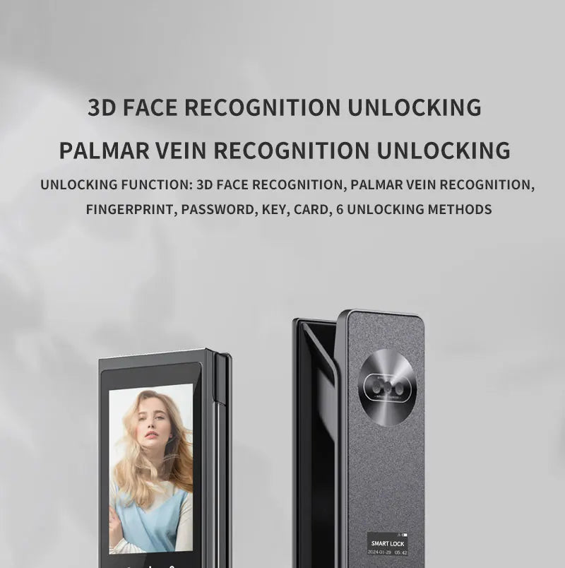 Grey metal smart lock with screen, supporting face, palm, fingerprint, password, key, and card entry.