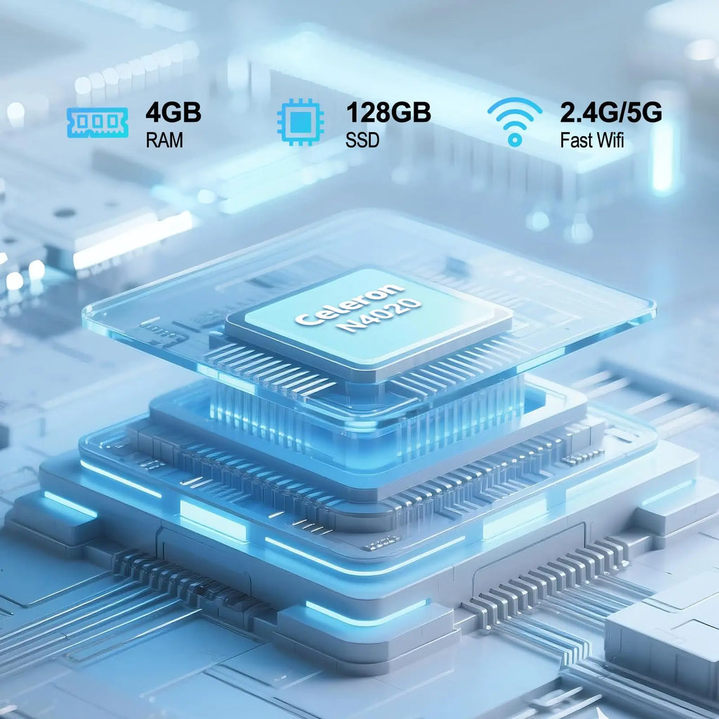 Technical graphic showing 4GB RAM, 128GB SSD, and 5G Wifi specifications on a sleek, blue-toned digital processor background.