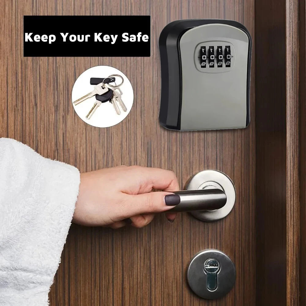 Grey and black metal wall-mounted key lock box with a four-digit combination code dial.