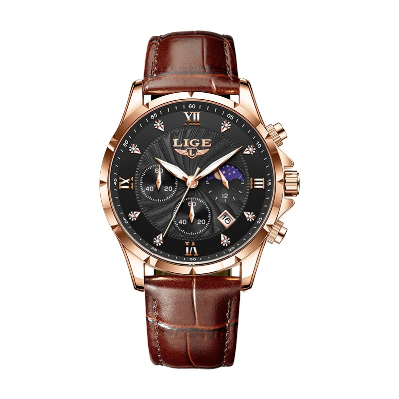 Men’s chronograph watch with a brown leather strap, rose gold casing, black dial, and crystal hour markers.