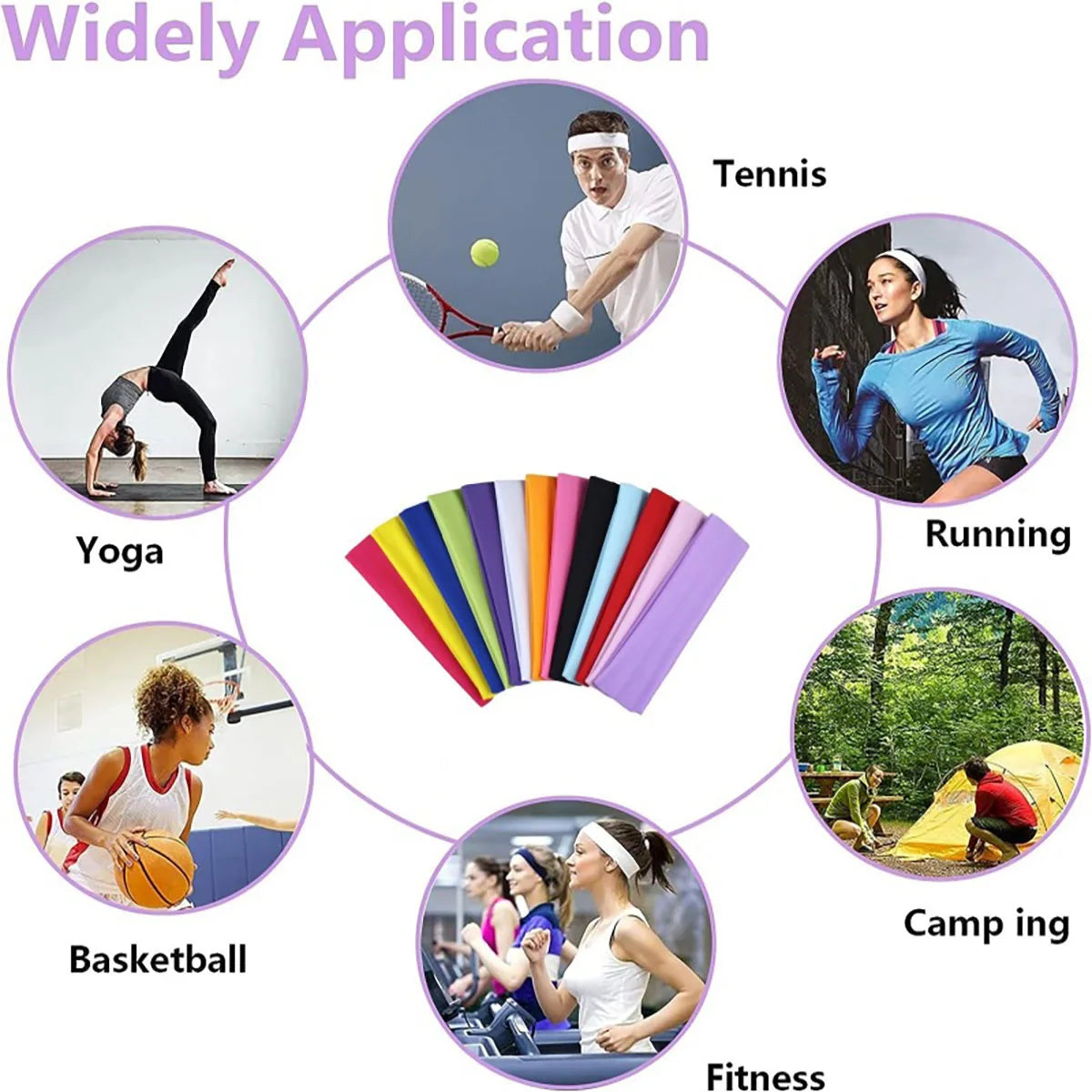 Set of multi-coloured sports headbands displayed with images of people using them for yoga, tennis, and fitness.