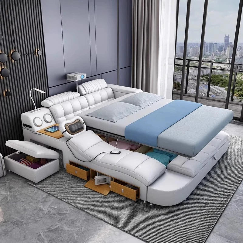 White leather multifunctional bed frame with integrated storage, built-in massager, side table, and hidden drawers.
