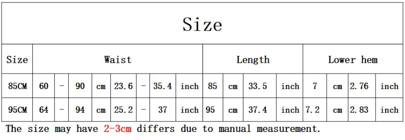 Size chart table for 85cm and 95cm clothing, showing waist, length, and lower hem measurements in cm and inches.