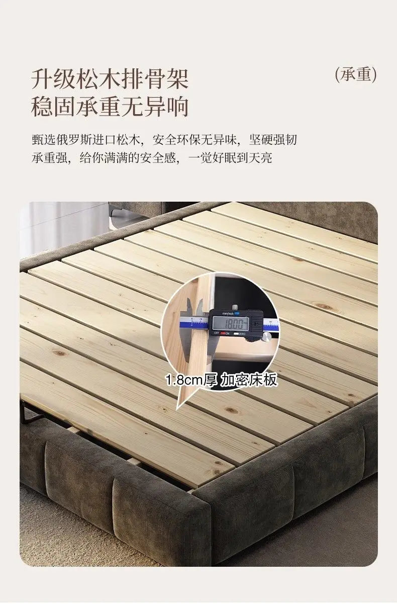 Modern grey upholstered bed frame with durable 1.8cm thick solid pine wood slats for added strength and support.