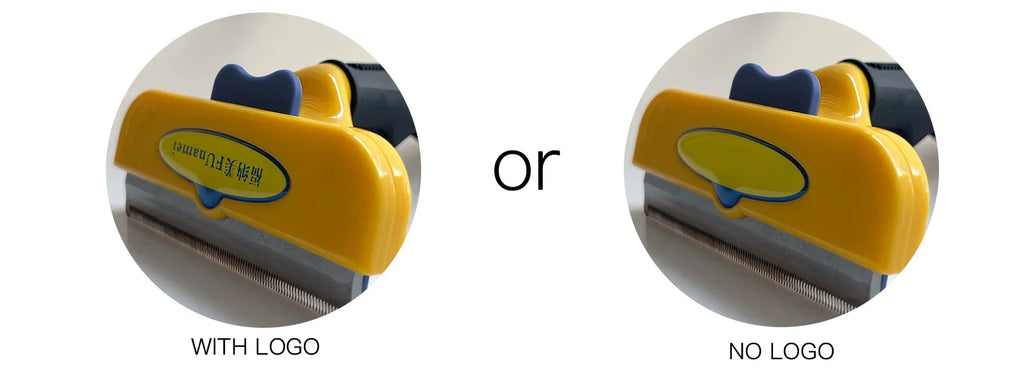Yellow pet grooming deshedding tool, showing options with or without a brand logo on the front.