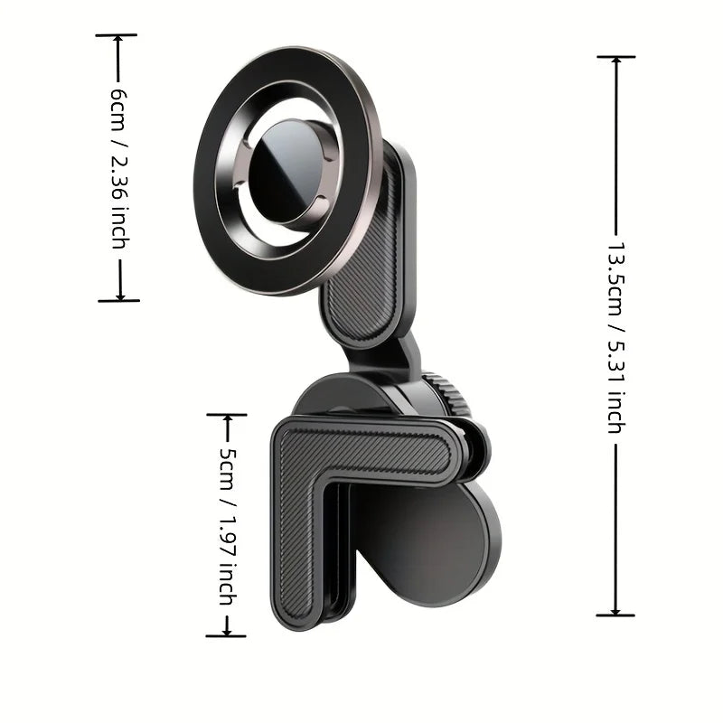 Black magnetic car phone mount with adjustable L-shaped arm and circular phone grip, showing dimensions in cm and inches.