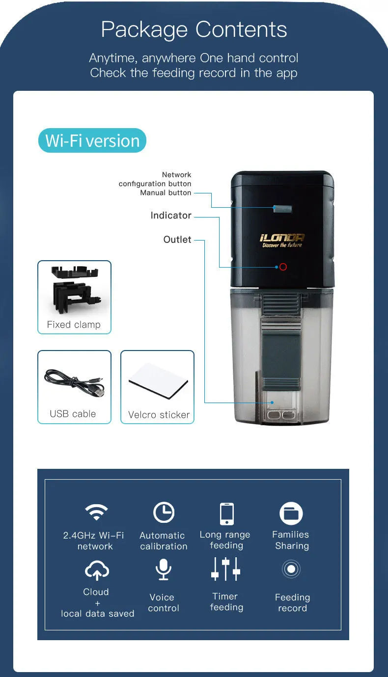 Black Wi-Fi automatic fish feeder with clear food container, clamp, USB cable, and sticker accessories.