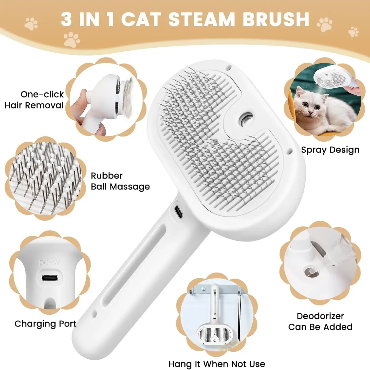 White 3-in-1 electric cat steam brush with massage bristles, spray function, and USB-C charging.