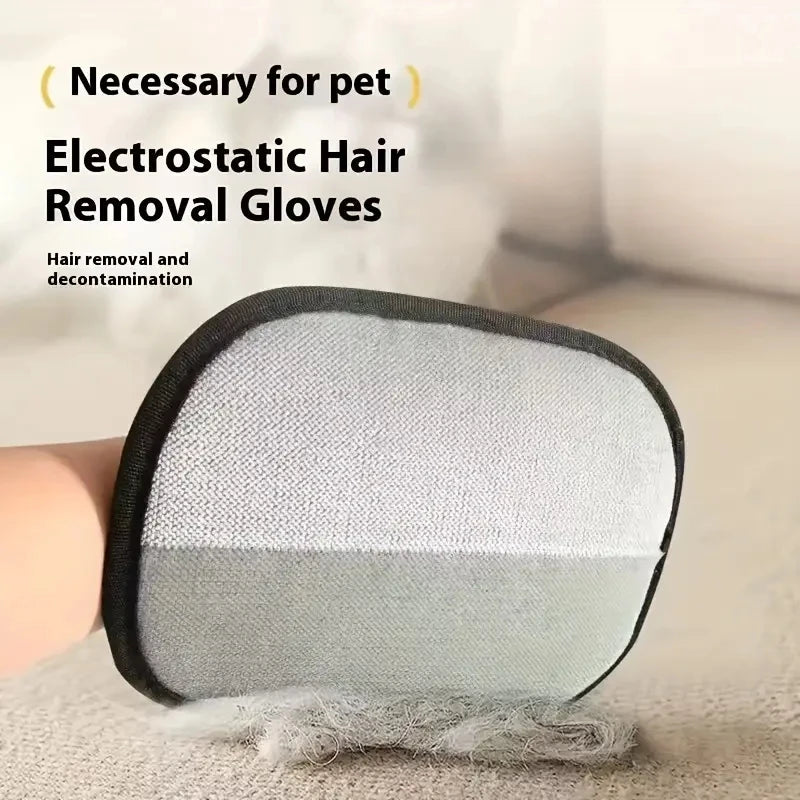 Grey electrostatic pet hair removal glove with black trim, shown collecting hair from a fabric surface.
