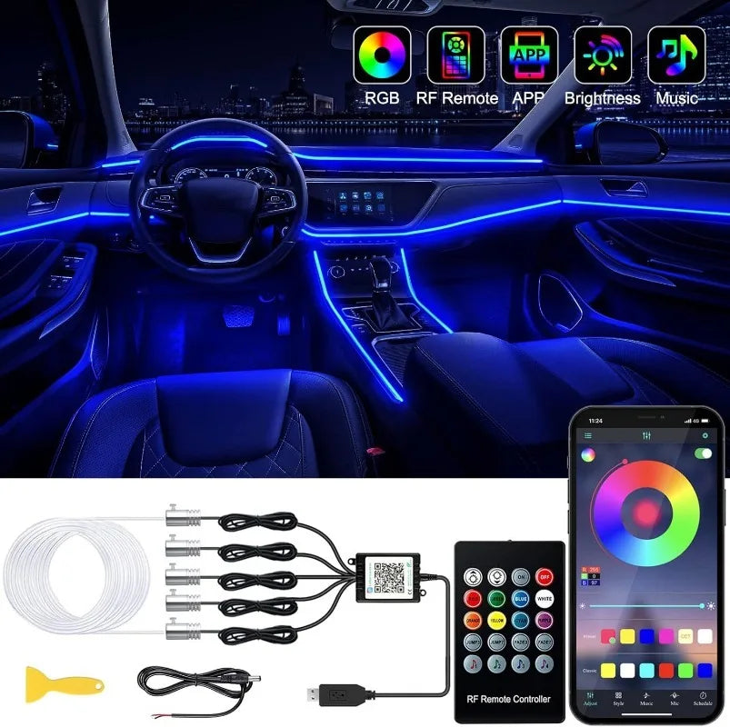 Blue RGB LED fiber optic car interior lights installed on dashboard with app and remote control.