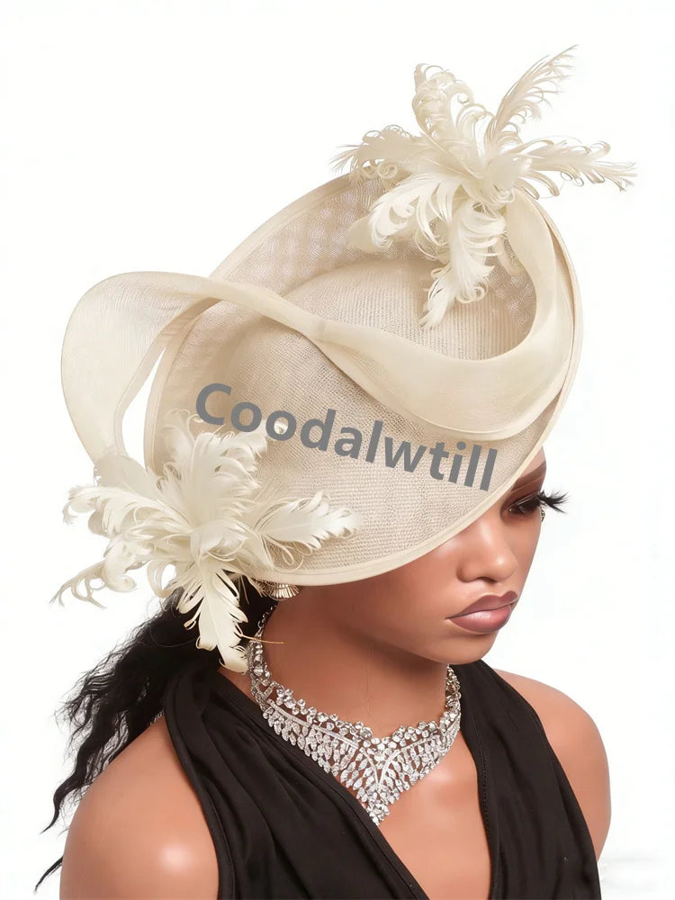 Elegant cream fascinator headpiece featuring curved sinamay fabric, delicate feathers and a structured brim design.