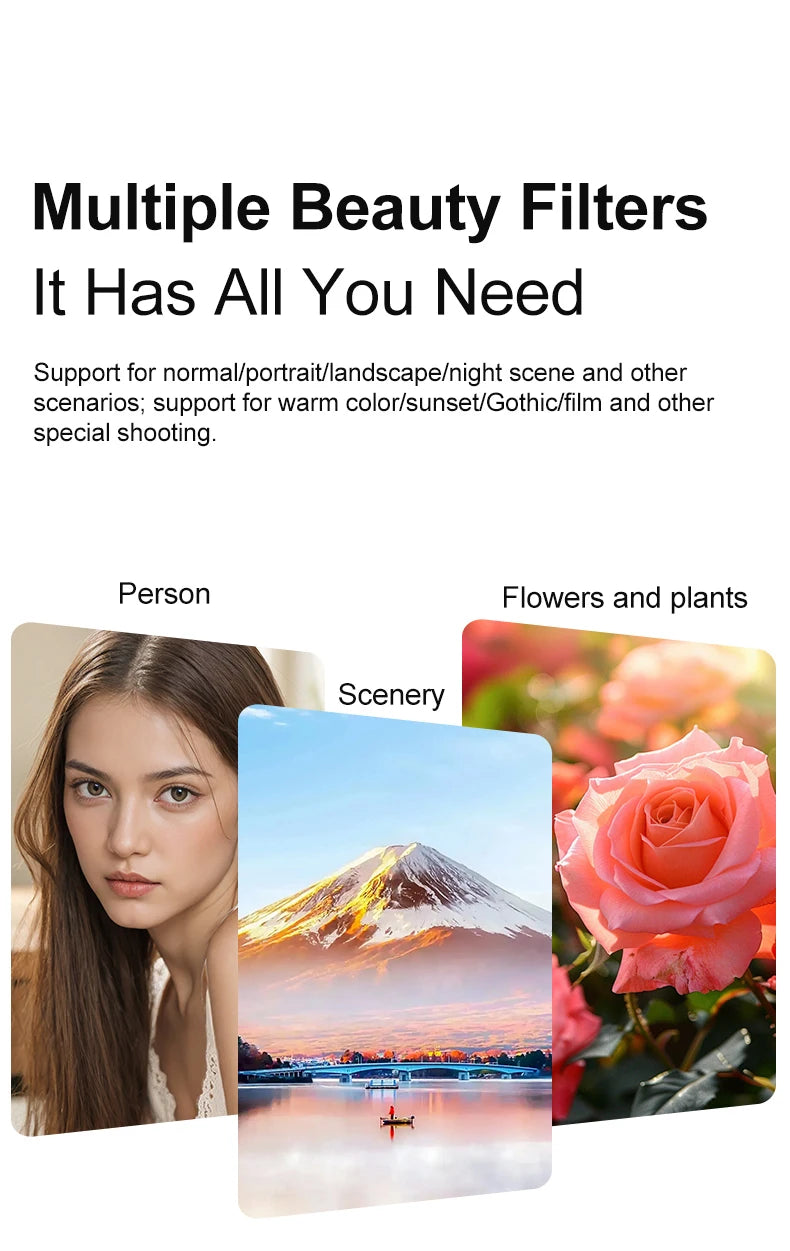 Comparison of three photos showing portrait, landscape, and flower subjects filtered for different lighting styles.