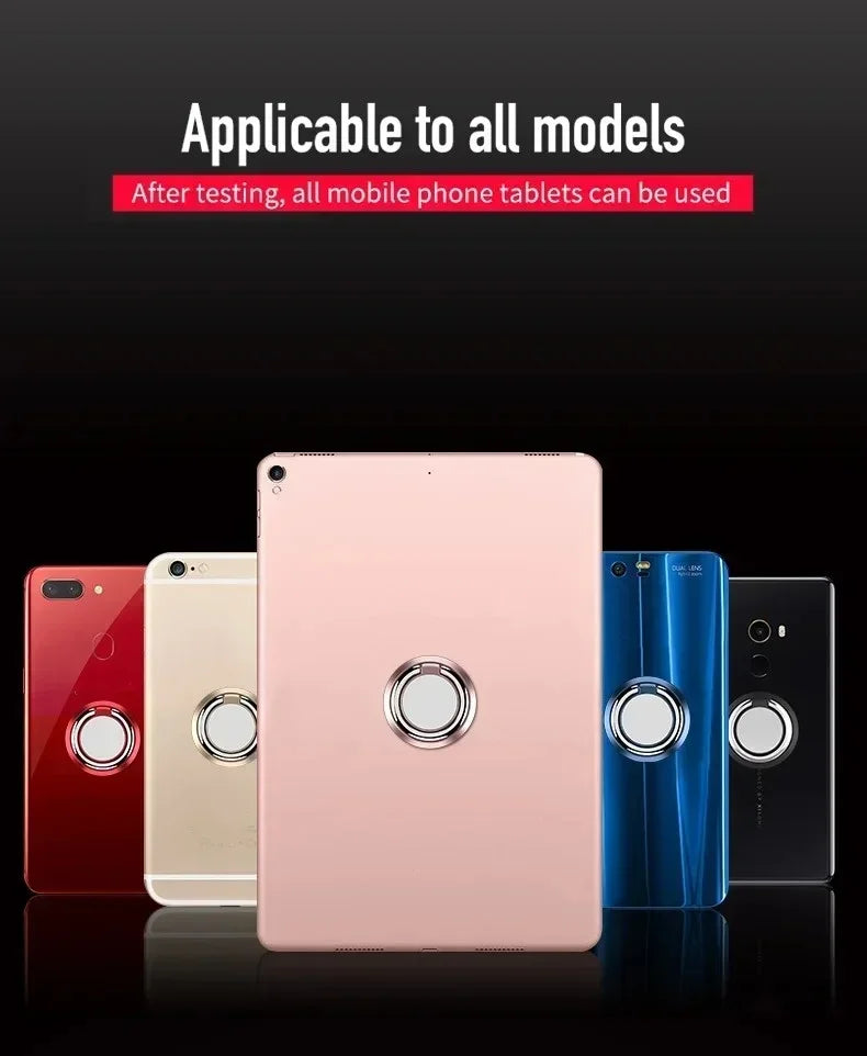A row of smartphones and a tablet in various colors, each featuring a centered, circular metal phone ring holder.
