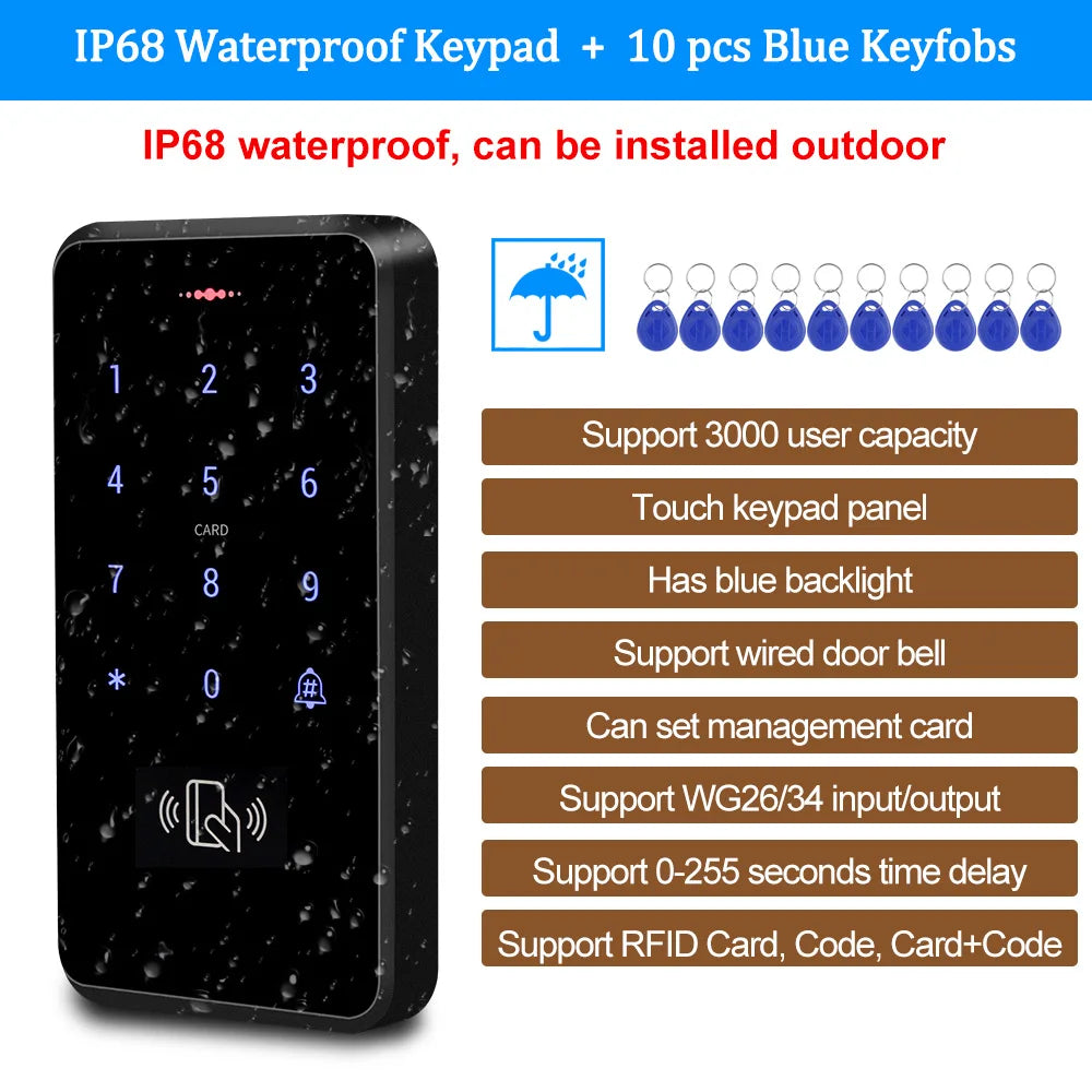 Black waterproof RFID touch keypad with blue backlight and 10 blue keyfobs for outdoor door access control.