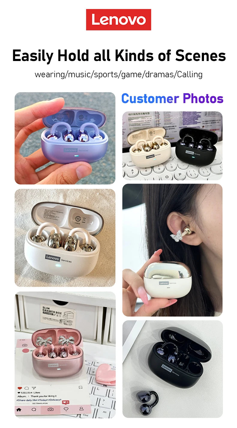 Collage of stylish, ear-clip style wireless earbuds in various metallic colors with butterfly-themed charging cases.