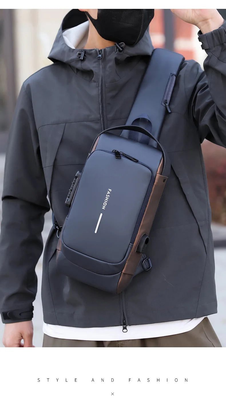 A man wearing a sleek, dark blue anti-theft chest bag with a combination lock and integrated USB charging port.