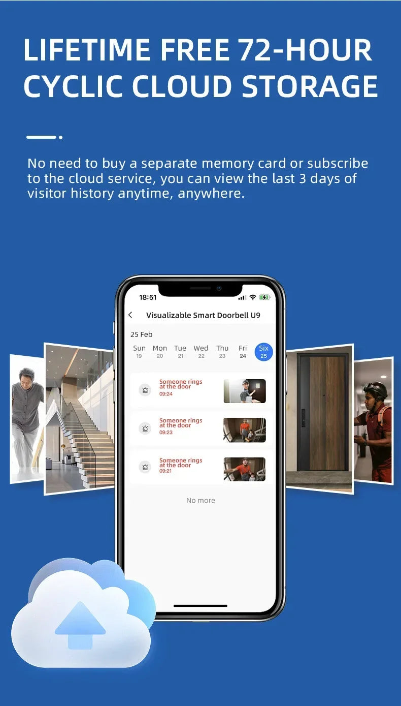 Smartphone display showing a smart doorbell app interface with video history logs and cloud storage icon.
