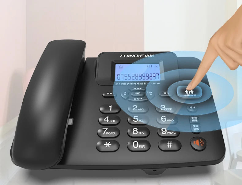 Black corded desktop telephone with an LCD screen, large numerical keypad, and a dedicated speed-dial button.