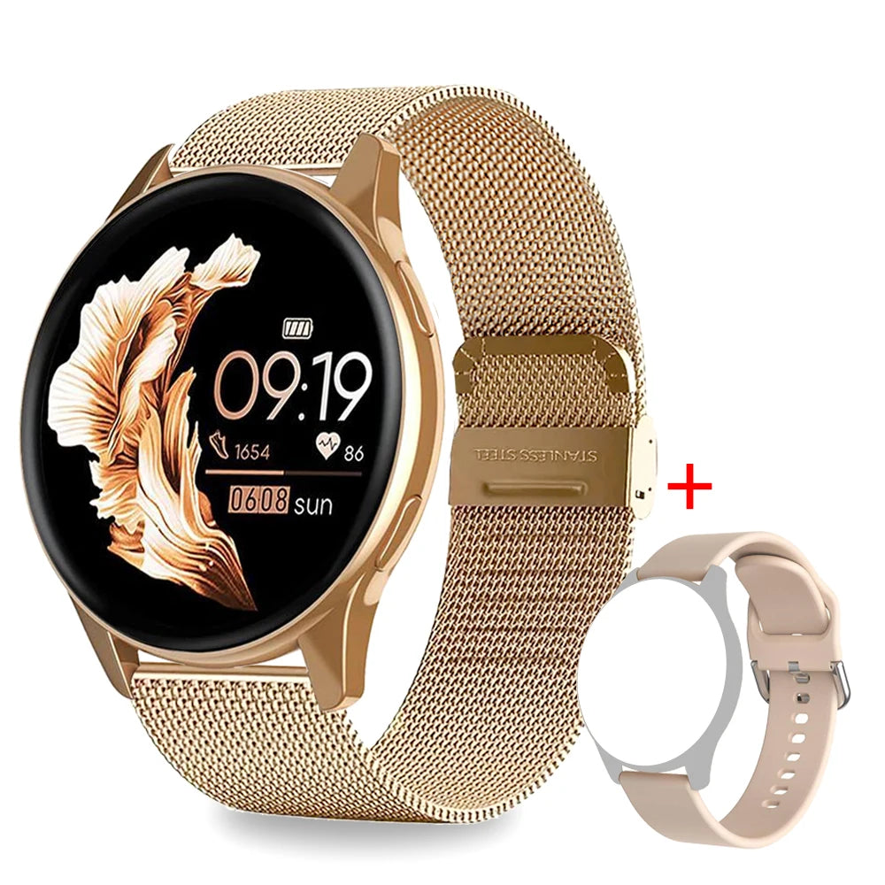 Gold-tone smartwatch with a metal mesh strap, circular digital display and an additional beige silicone strap.