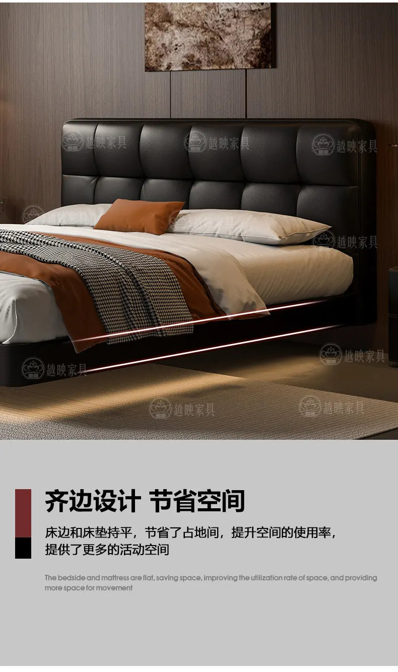 Modern black leather double bed with a tufted headboard and a sleek, space-saving floating design with under-bed light.
