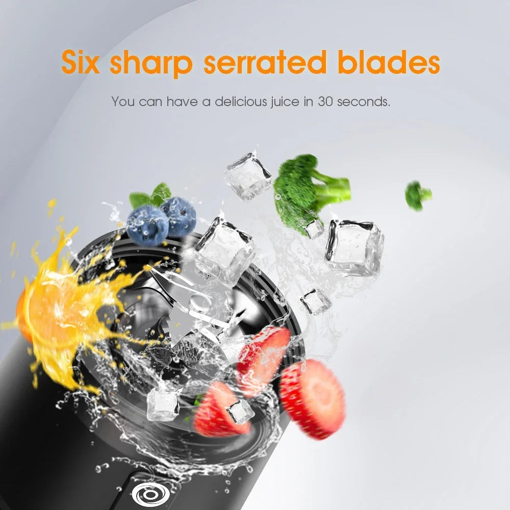 Black portable blender with six sharp, serrated stainless steel blades, shown blending fresh fruit, broccoli, and ice.