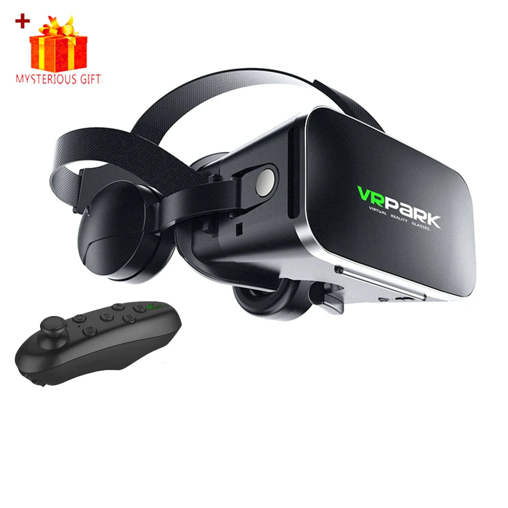 Black 3D VR headset for smartphones with adjustable head straps, integrated headphones, and a handheld remote controller.