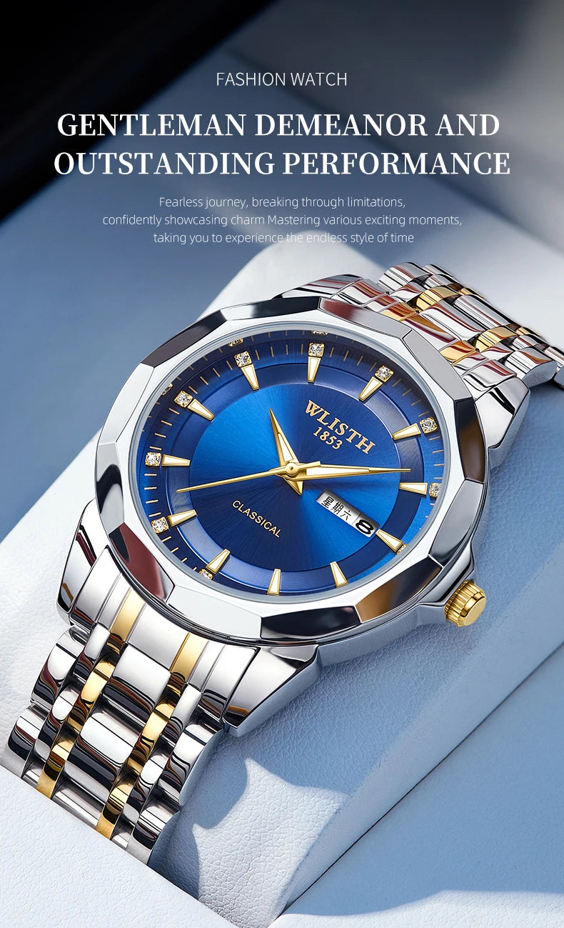 Classic men's watch with a blue dial, gold accents, and a silver and gold-tone stainless steel bracelet.