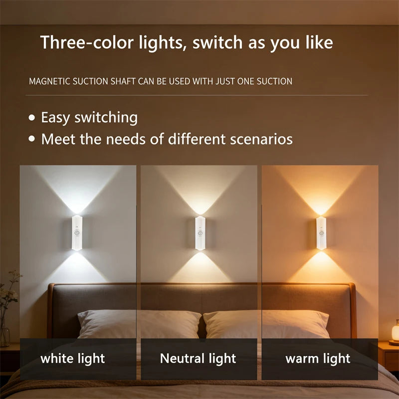Sleek, white rechargeable LED wall light showing white, neutral, and warm light modes on a bedroom wall.