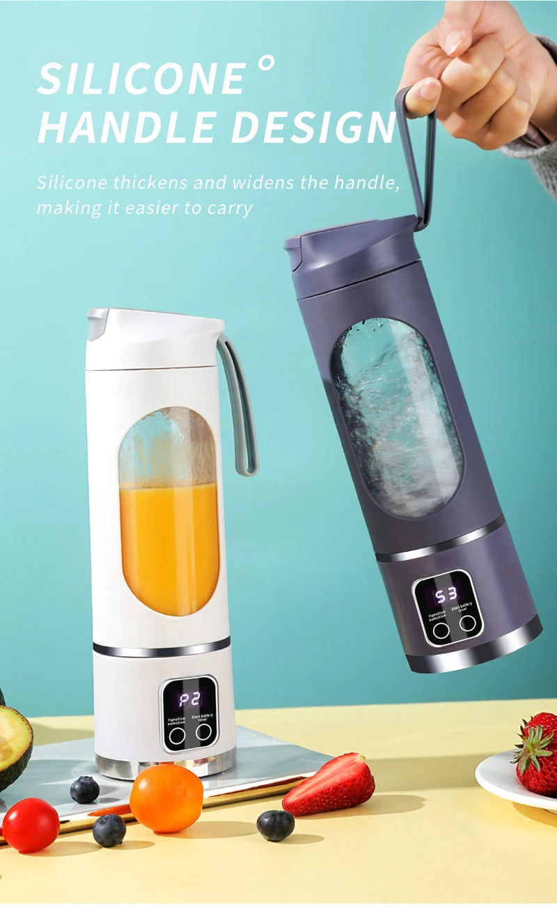 Two portable electric blenders in white and dark grey, featuring digital displays and convenient silicone carry handles.