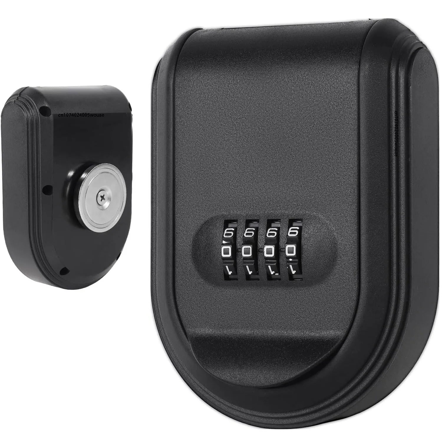 Black metal wall-mounted key lock box with a four-digit combination dial and a circular magnetic mounting base.
