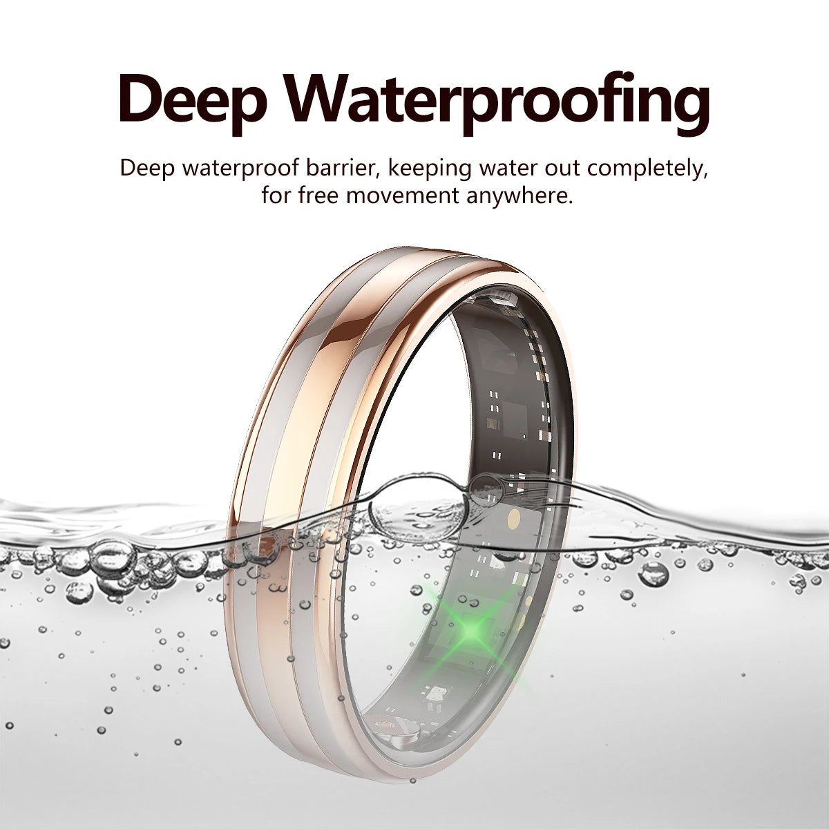 Waterproof rose gold and silver smart fitness ring, showing internal tracking sensors half-submerged in water.