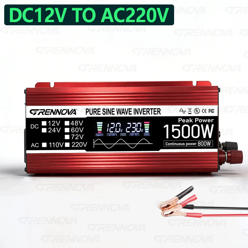 Red 1500W pure sine wave power inverter with a digital display showing voltage levels and battery status.