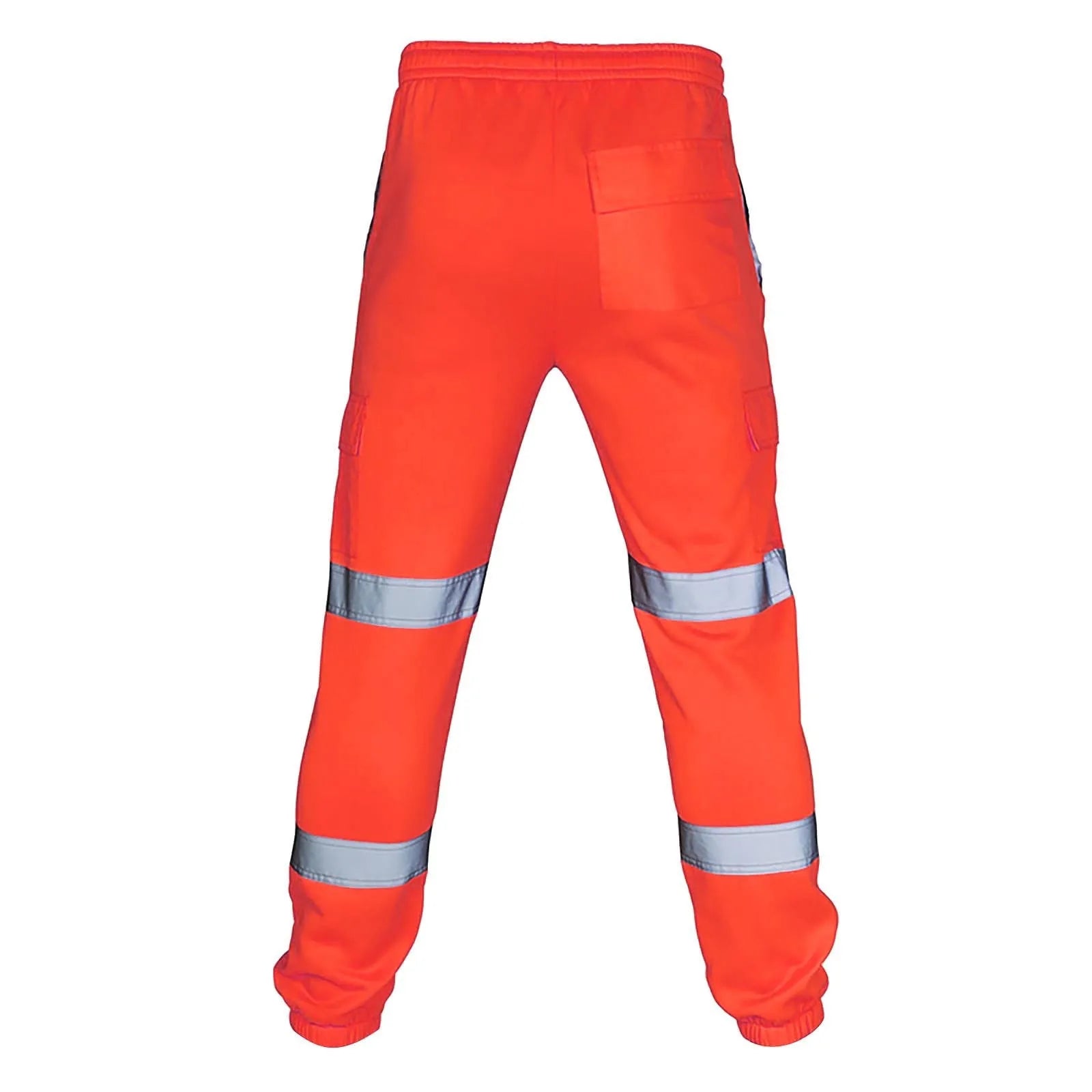 Orange hi-vis work trousers with reflective leg stripes, elasticated waistband, and cargo pockets. Rear view.