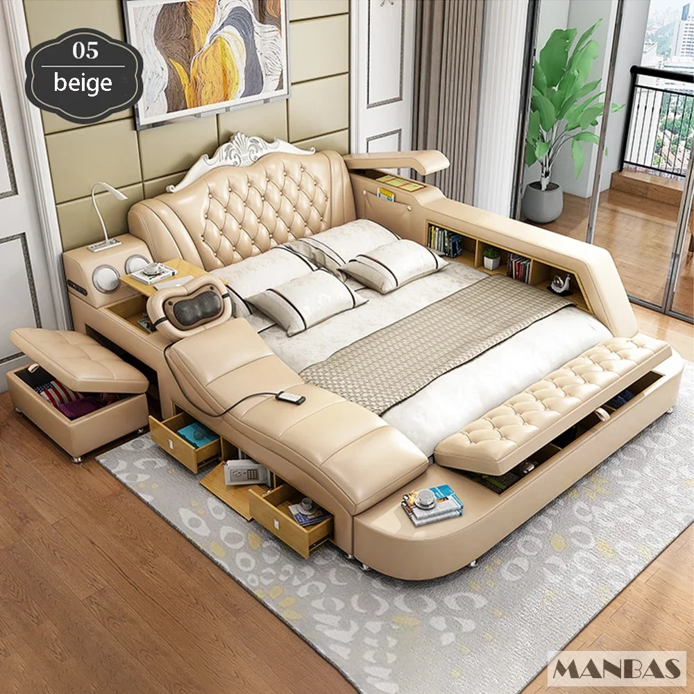 Beige multifunctional smart bed with tufted headboard, built-in storage, massage seat, speakers, and shelving.