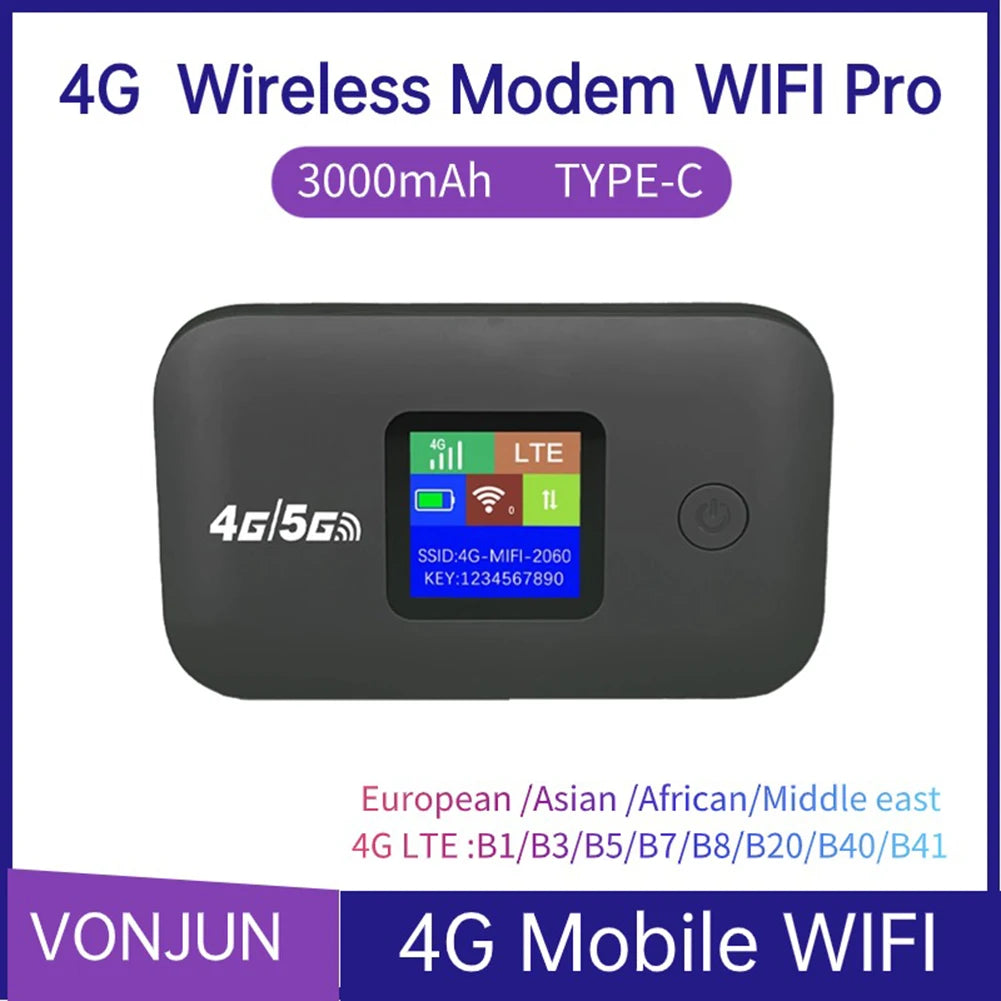 Compact black 4G LTE portable wireless WiFi hotspot with a clear status display screen and USB-C charging.