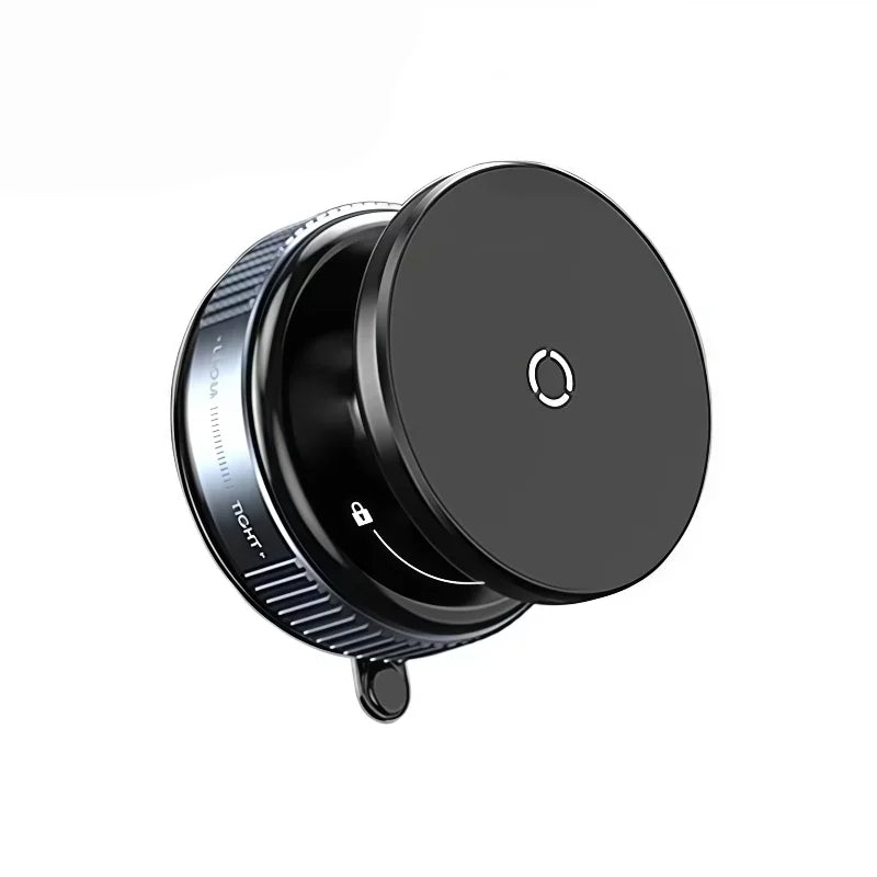 Black magnetic car phone mount with a round, sleek design and a secure locking adjustment ring.