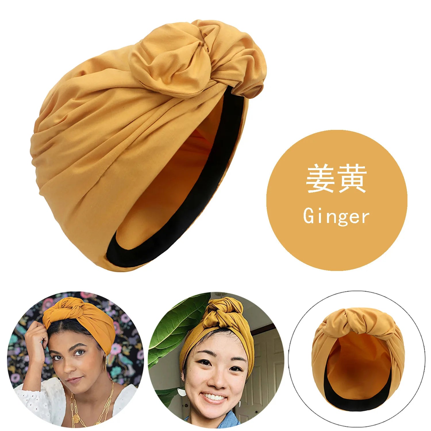 Ginger yellow French vintage-style knotted turban hat with a gathered, ruched design and black interior lining.