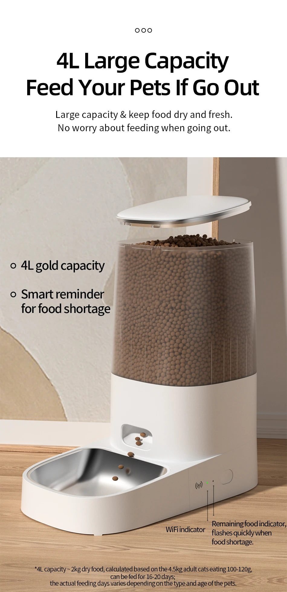White 4L smart automatic pet feeder with a clear food container and stainless steel bowl on a wooden surface.