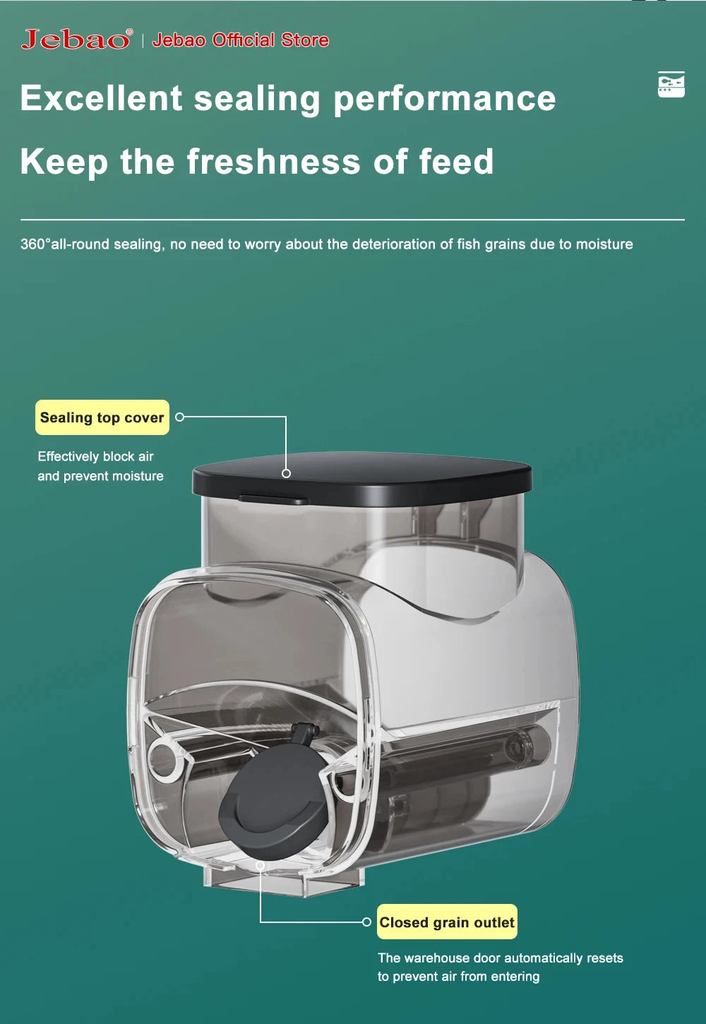Clear plastic automatic fish food dispenser with a black top lid and circular outlet on a green background.