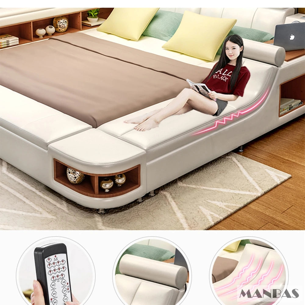 Luxury white leather smart bed with integrated storage shelves, remote-controlled LED lighting, and massage feature.