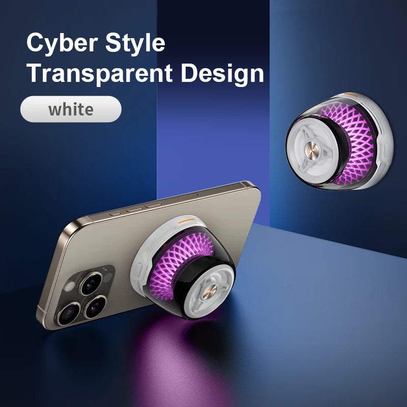 White, portable magnetic Bluetooth speaker with a futuristic, transparent design and purple glowing interior light.