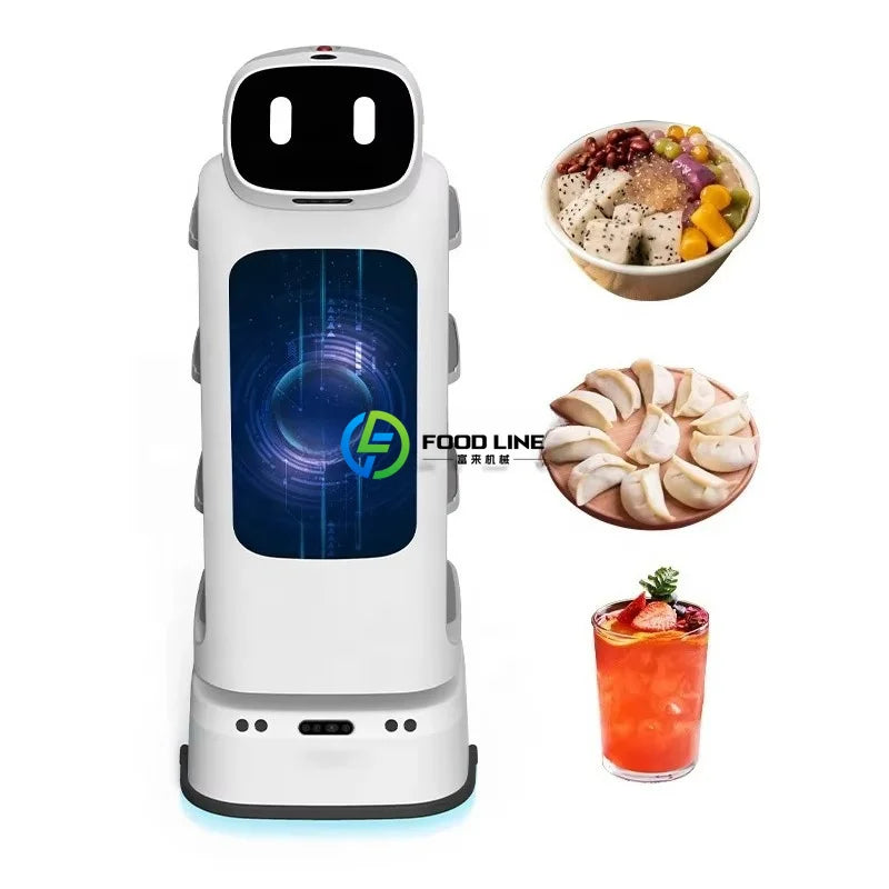 A white delivery robot stands beside a bowl of dessert, a plate of dumplings, and a drink.
