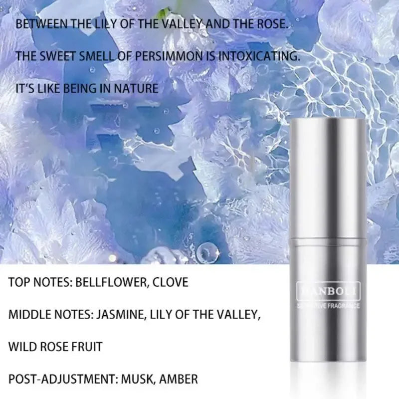 Metallic silver cylindrical roll-on perfume bottle standing upright against a blue and white floral background.