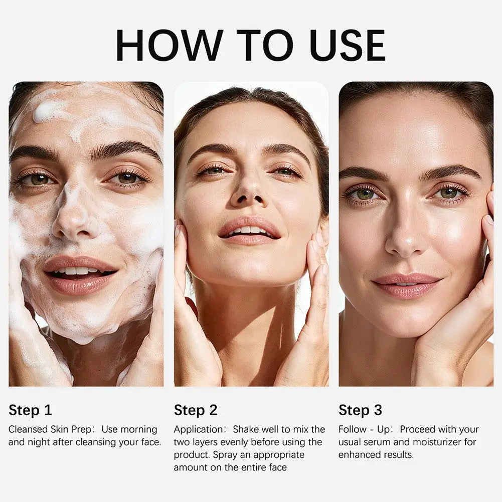 Three-step skincare guide showing a woman cleansing, applying a facial spray, and achieving a radiant, hydrated complexion.